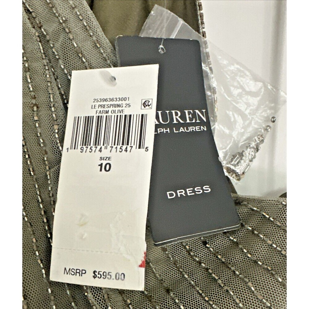 Lauren Ralph Lauren Women's Beaded Mesh Sleeveless Halter Gown Olive Green 10 - Picture 6 of 13